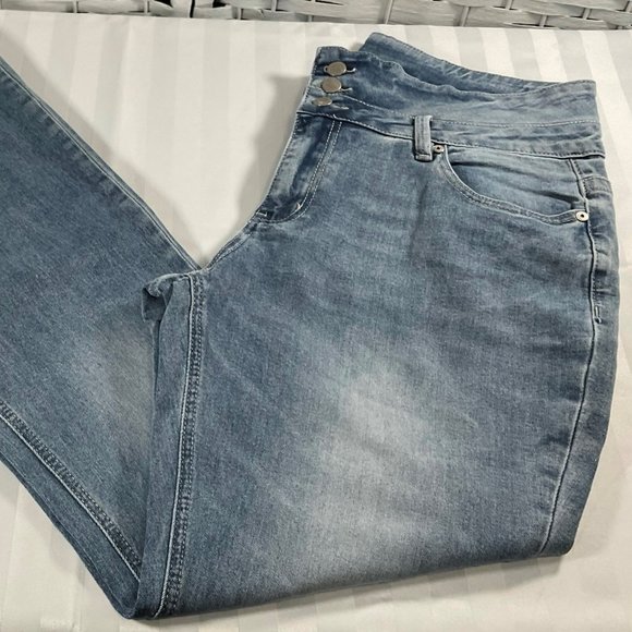 Size 14 - Light Wash Denim Jeans w/ Flared Leg & Three Button Closure - Picture 1 of 5